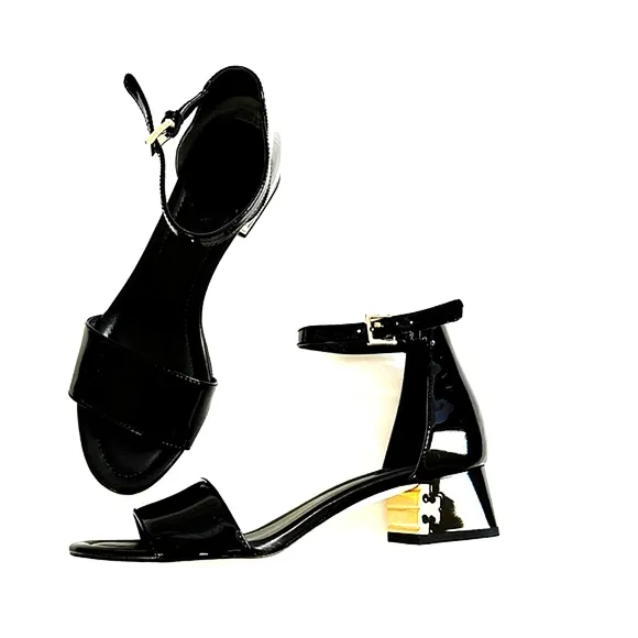 Tory Burch Finley Patent Leather Logo Block Heel Sandals in Black