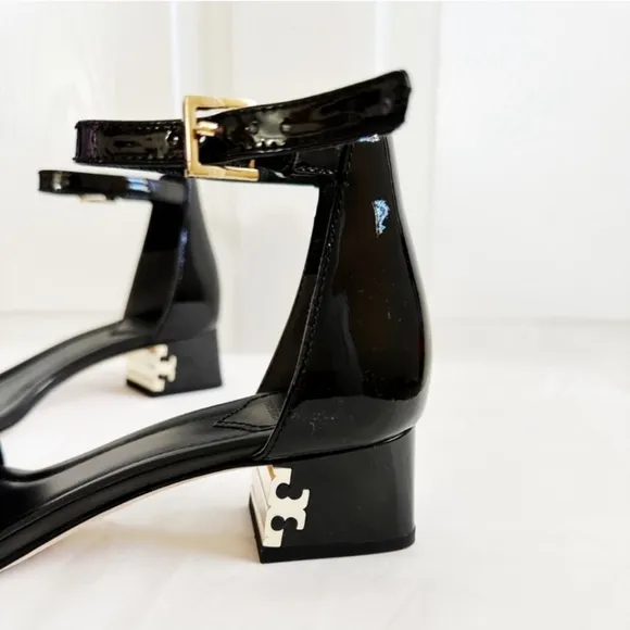 Tory Burch Finley Patent Leather Logo Block Heel Sandals in Black