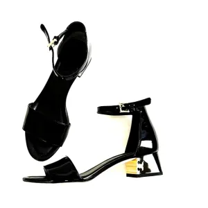 Tory Burch Finley Patent Leather Logo Block Heel Sandals in Black