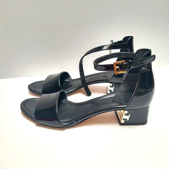 Tory Burch Finley Patent Leather Logo Block Heel Sandals in Black