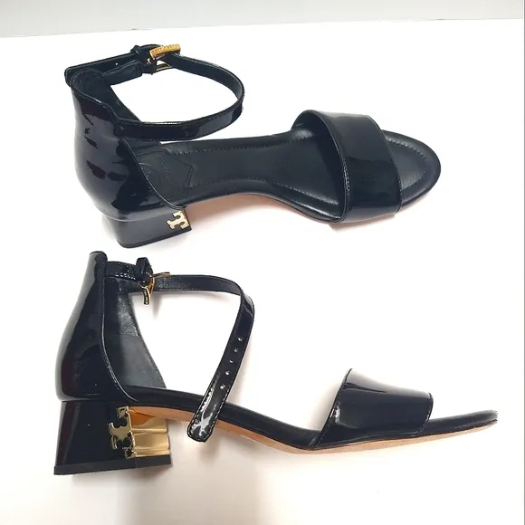 Tory Burch Finley Patent Leather Logo Block Heel Sandals in Black