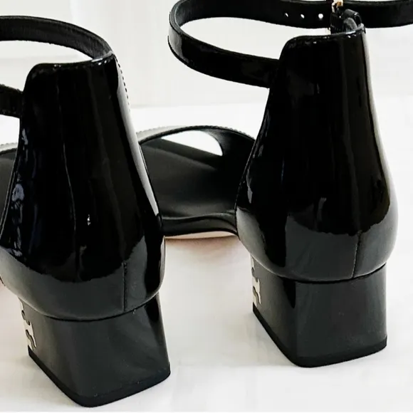 Tory Burch Finley Patent Leather Logo Block Heel Sandals in Black