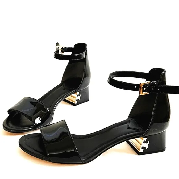 Tory Burch Finley Patent Leather Logo Block Heel Sandals in Black