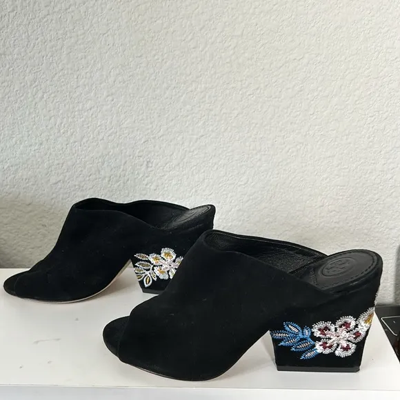 Tory Burch Floral Embroidered Block Heel Slide Sandals In Black 5.5