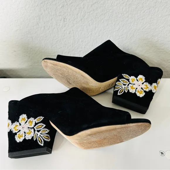 Tory Burch Floral Embroidered Block Heel Slide Sandals In Black 5.5