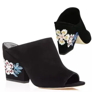 Tory Burch Floral Embroidered Block Heel Slide Sandals In Black 5.5