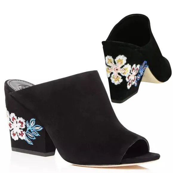 Tory Burch Floral Embroidered Block Heel Slide Sandals In Black 5.5