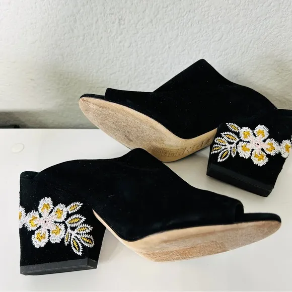 Tory Burch Floral Embroidered Block Heel Slide Sandals In Black 5.5