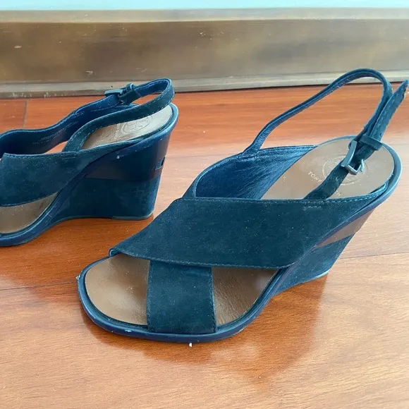 TORY BURCH GABRIELLE NUBUCK wedge Sandals navy blue shoes size 6