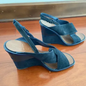 TORY BURCH GABRIELLE NUBUCK wedge Sandals navy blue shoes size 6