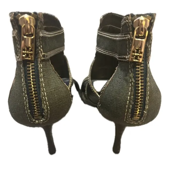 Tory Burch Geoff Olive Green &amp; Gold Caged Heel Sandals 9.5M, Used
