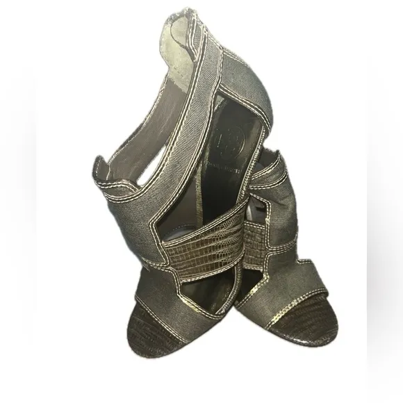 Tory Burch Geoff Olive Green &amp; Gold Caged Heel Sandals 9.5M, Used
