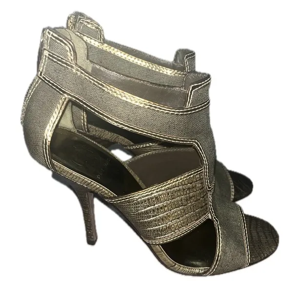 Tory Burch Geoff Olive Green &amp; Gold Caged Heel Sandals 9.5M, Used