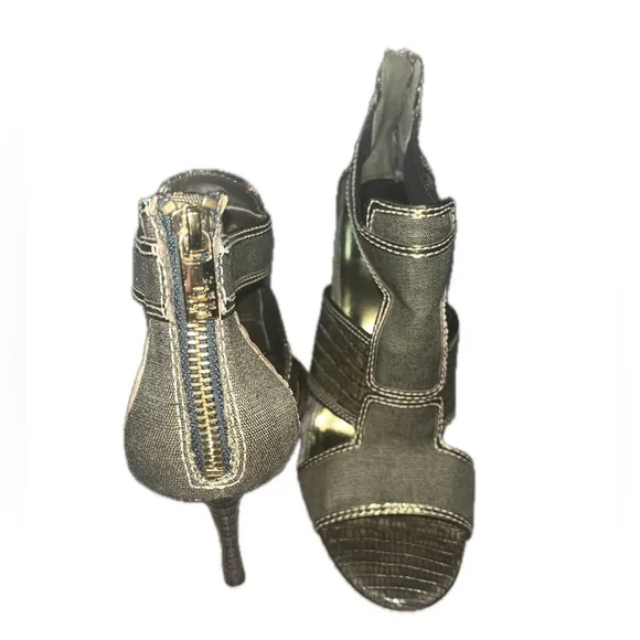 Tory Burch Geoff Olive Green &amp; Gold Caged Heel Sandals 9.5M, Used