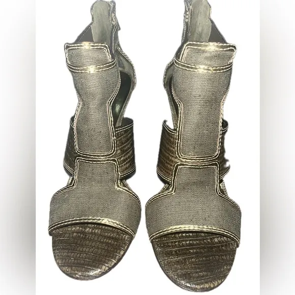 Tory Burch Geoff Olive Green &amp; Gold Caged Heel Sandals 9.5M, Used