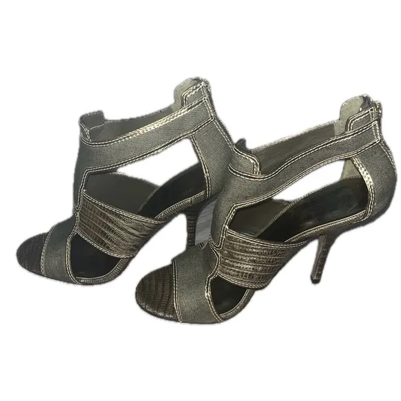 Tory Burch Geoff Olive Green &amp; Gold Caged Heel Sandals 9.5M, Used
