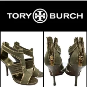 Tory Burch Geoff Olive Green &amp; Gold Caged Heel Sandals 9.5M, Used