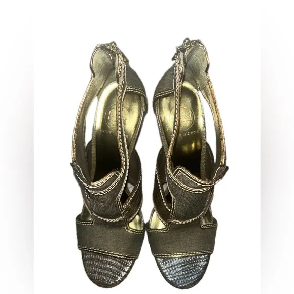 Tory Burch Geoff Olive Green &amp; Gold Caged Heel Sandals 9.5M, Used