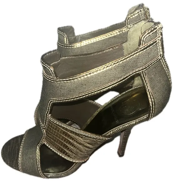 Tory Burch Geoff Olive Green &amp; Gold Caged Heel Sandals 9.5M, Used