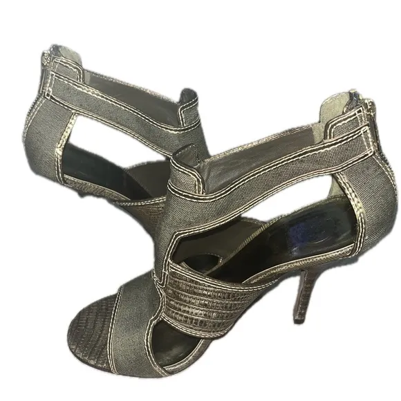 Tory Burch Geoff Olive Green &amp; Gold Caged Heel Sandals 9.5M, Used