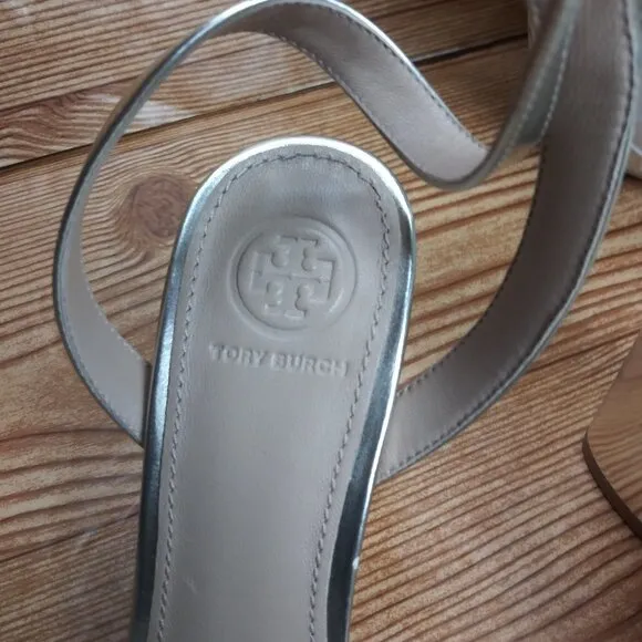 TORY BURCH gold Elizabeth Patent Leather block high heel strappy sandals size 6M