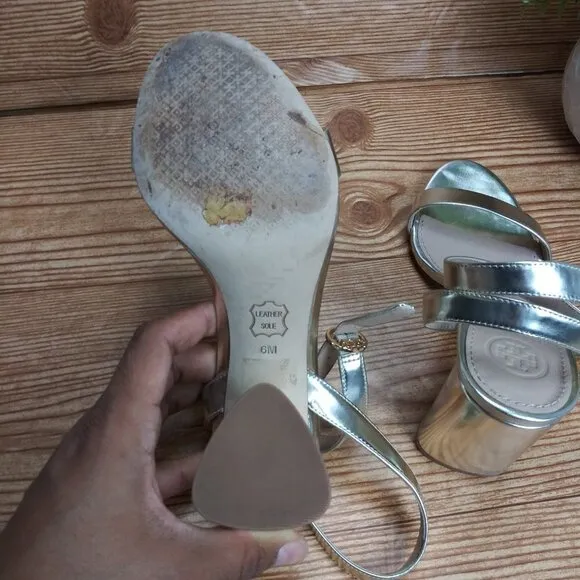 TORY BURCH gold Elizabeth Patent Leather block high heel strappy sandals size 6M