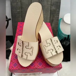 TORY BURCH Ines Calf Leather Wedge Slide Sandal New Cream Gold NIB 7
