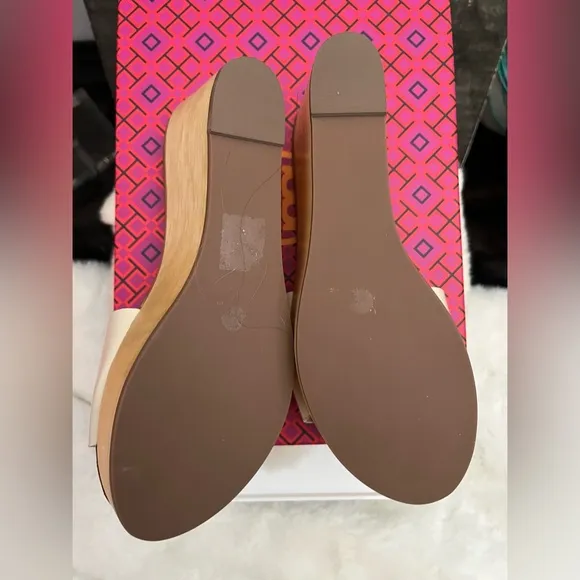 TORY BURCH Ines Calf Leather Wedge Slide Sandal New Cream Gold NIB 7