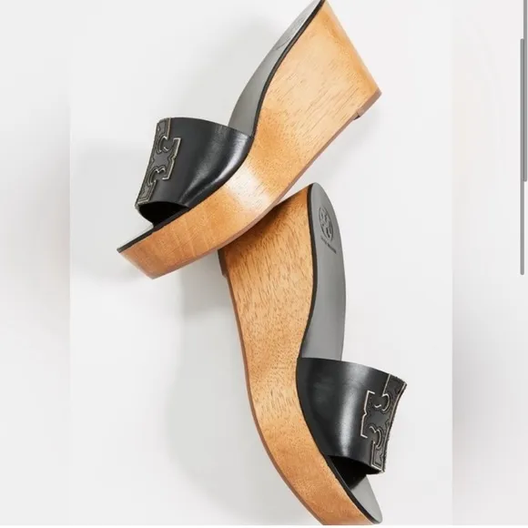 Tory Burch Ines Wedge Slides Calf Leather Metallic Perfect Black Sandals