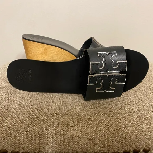 Tory Burch Ines Wedge Slides Calf Leather Metallic Perfect Black Sandals