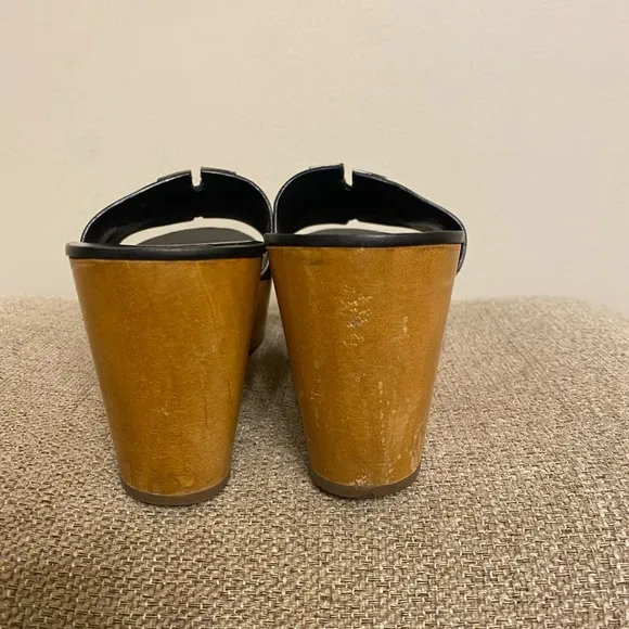 Tory Burch Ines Wedge Slides Calf Leather Metallic Perfect Black Sandals