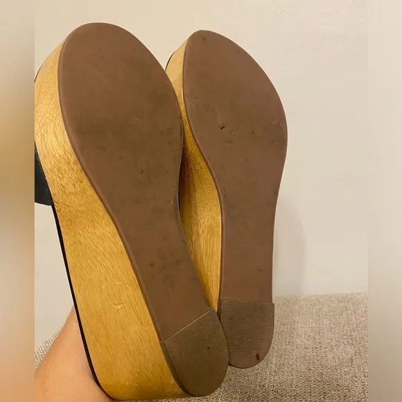 Tory Burch Ines Wedge Slides Calf Leather Metallic Perfect Black Sandals