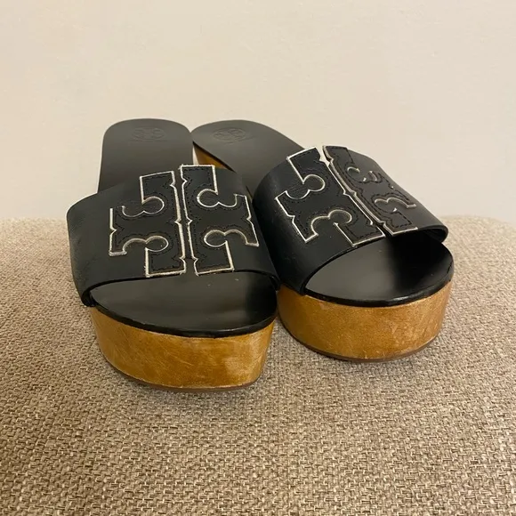 Tory Burch Ines Wedge Slides Calf Leather Metallic Perfect Black Sandals