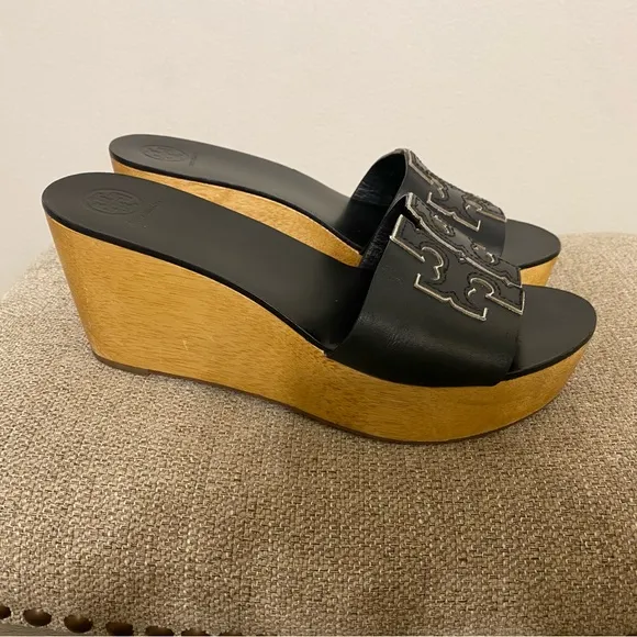 Tory Burch Ines Wedge Slides Calf Leather Metallic Perfect Black Sandals