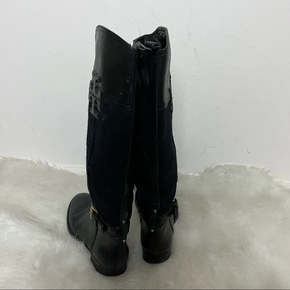 Tory Burch Irene Wool Leather Logo Riding Boots