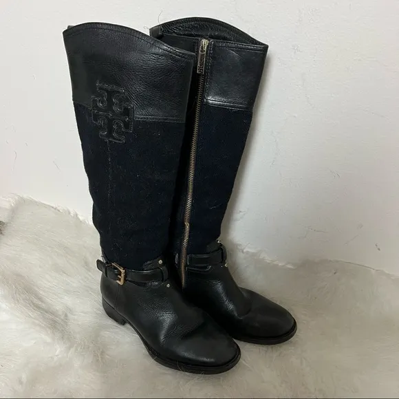 Tory Burch Irene Wool Leather Logo Riding Boots
