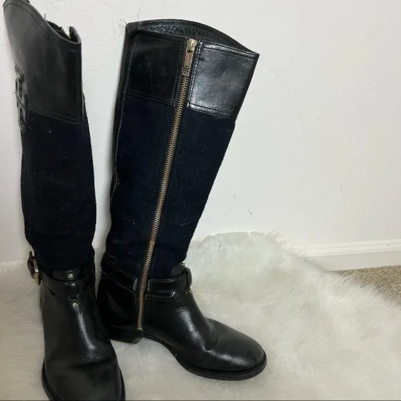 Tory Burch Irene Wool Leather Logo Riding Boots