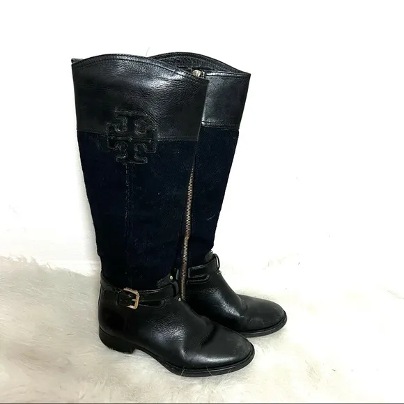 Tory Burch Irene Wool Leather Logo Riding Boots