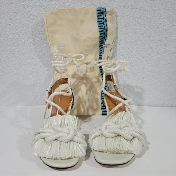 TORY BURCH Ivory Knotted Rope Ankle Tie Heeled Sandals