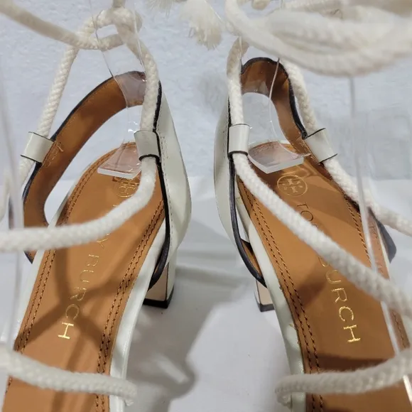 TORY BURCH Ivory Knotted Rope Ankle Tie Heeled Sandals