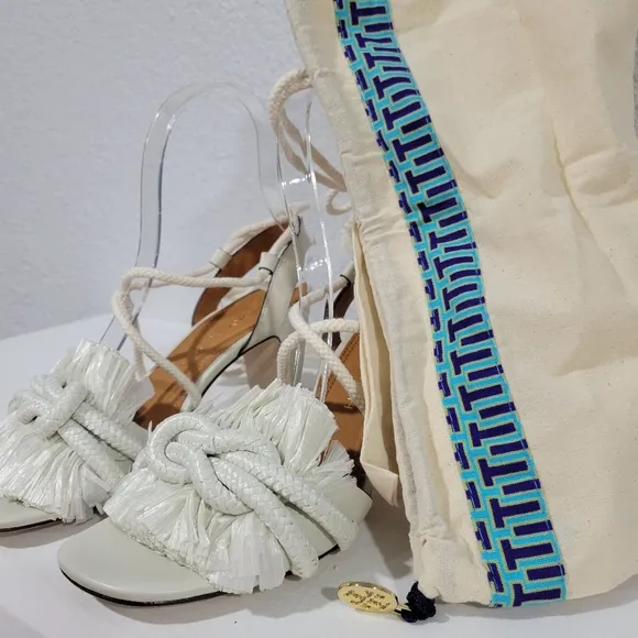 TORY BURCH Ivory Knotted Rope Ankle Tie Heeled Sandals