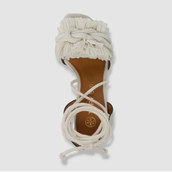 TORY BURCH Ivory Knotted Rope Ankle Tie Heeled Sandals