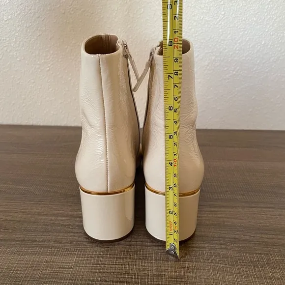 Tory Burch Juliana Beige Patent Leather Block Heel Ankle Boots | Gold Accent | 9