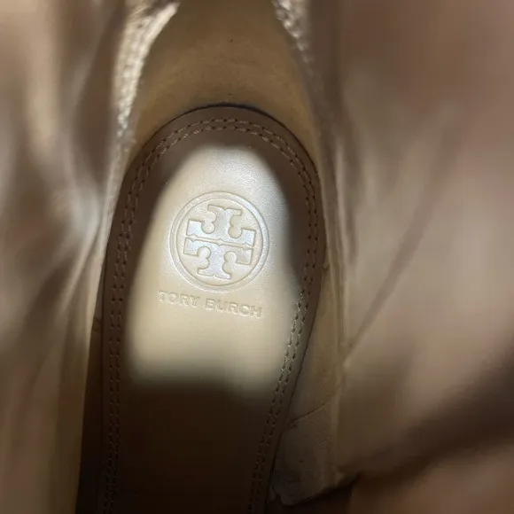 Tory Burch Juliana Beige Patent Leather Block Heel Ankle Boots | Gold Accent | 9
