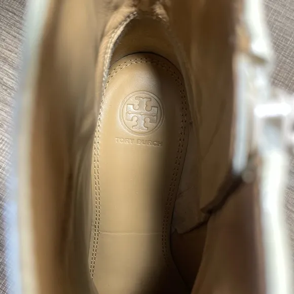 Tory Burch Juliana Beige Patent Leather Block Heel Ankle Boots | Gold Accent | 9
