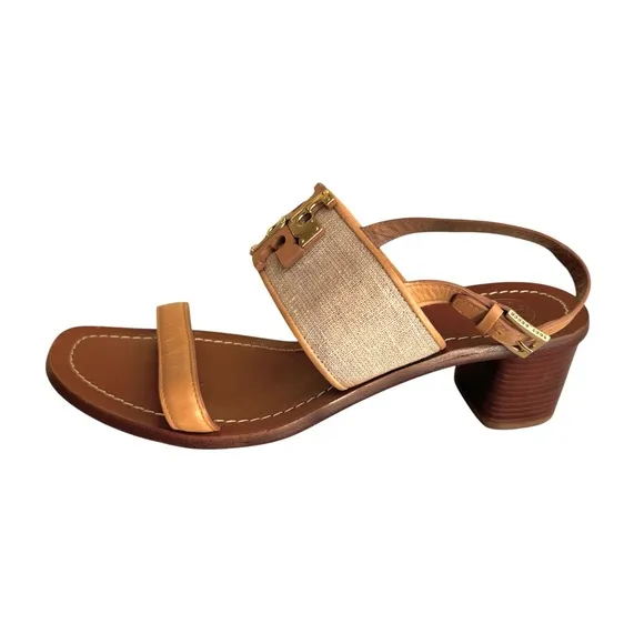 Tory Burch Lowell Double T Logo Sandals Beige Leather Block Heel Women’s