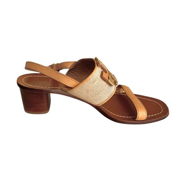 Tory Burch Lowell Double T Logo Sandals Beige Leather Block Heel Women’s