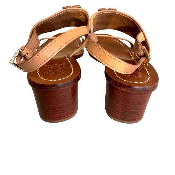 Tory Burch Lowell Double T Logo Sandals Beige Leather Block Heel Women’s