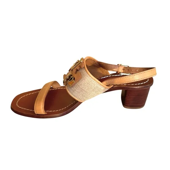 Tory Burch Lowell Double T Logo Sandals Beige Leather Block Heel Women’s