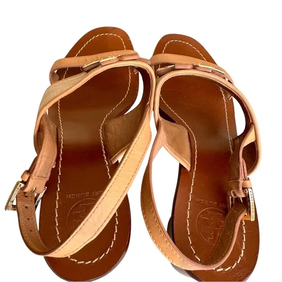 Tory Burch Lowell Double T Logo Sandals Beige Leather Block Heel Women’s